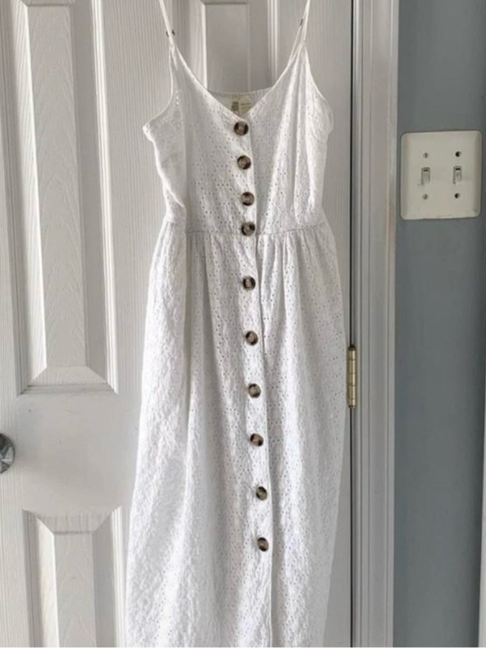 Japna White Eyelet Button-Front Midi Dress